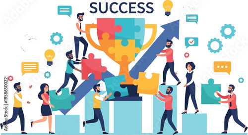 A group of people working together to achieve success with puzzle pieces and arrows