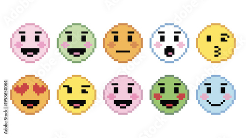 Pixelated emoticons stickers vector set with 8 bit retro emojis, laugh, love, happy, kiss, angry, melting and groovy faces, chat message expressions and fun smile icons collection