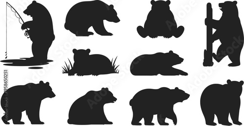 Black Bear Silhouettes, vector set of bears in different positions and actions flat minimal style isolated design wildlife nature animal icons black solid glyphs