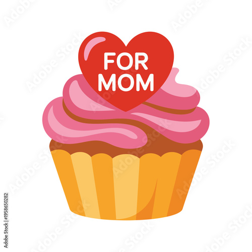 A colorful cupcake with pink frosting and a heart on top for Mother's Day