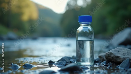 Water Analysis: Sample bottle collected at riverbank site
