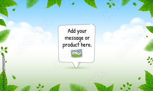 Green leaf frame in horizontal format and blue sky background.