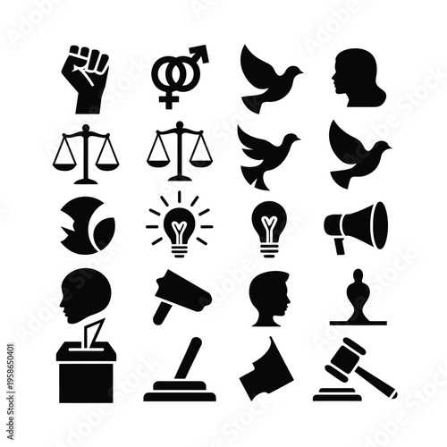 A collection of black silhouettes representing justice and equality