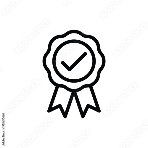 A simple black line drawing of a checkmark award ribbon