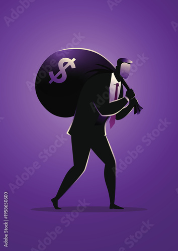 Businessman carrying large sack of money with dollar sign on his shoulder, walking determinedly forward.
