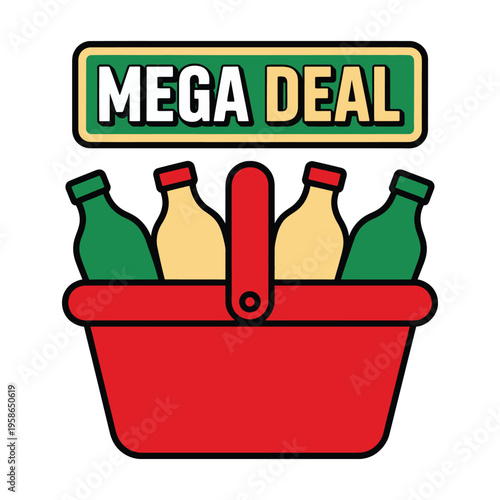 A red shopping basket with bottles and a mega deal sign
