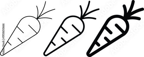 Minimalist carrot icon set in three line weights, black and white vegetable vector illustrations, simple garden root vegetable symbols for UI design