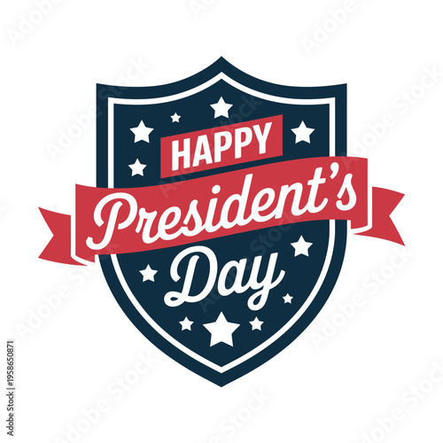 A graphic design celebrating President's Day with a shield and banner