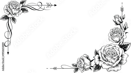 Rose corner ornament vector, decorative black and white floral design with thorned roses elegant corner elements for vintage frames borders and classic design.