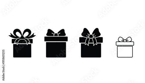 Collection of gift box icons with bows on top in black and white