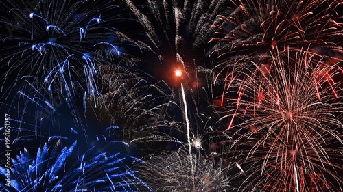 Blue white and red fireworks, us american or french flag patriot fireworks, national holiday celebration, HD video footage, seamless loop
