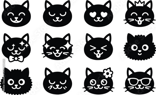 Cat Head Silhouette Icon Collection Set
