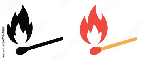 Set of match fire flame isolated icon, vector illustration for fire safety, camping, and ignition-themed design