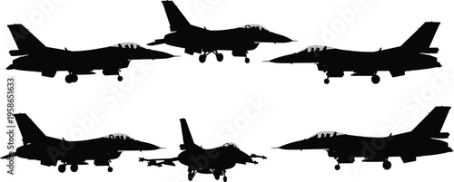 Fighter jet landing silhouettes set, military aircraft vector illustration collection, multiple angles with landing gear views, aviation design isolated black warplane shapes