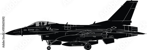 Fighter jet silhouette vector illustration, military combat aircraft with landing gear side view, detailed aviation warplane design isolated black graphic