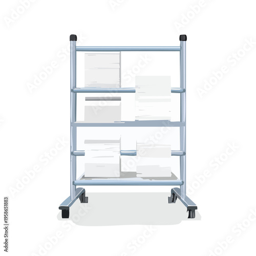 Document storage rack with white papers isolated on white background
