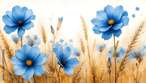 Watercolor painting showcasing the striking contrast between vibrant blue flowers and golden wheat or grass, evoking a serene and natural landscape.