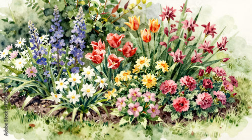 Vibrant flowers in a garden bed, watercolor style, colorful scene, floral arrangement, nature.
