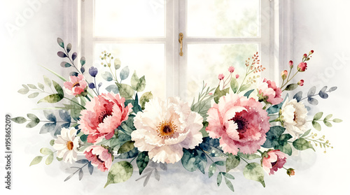Watercolor floral arrangement with soft pastel colors, bathed in bright sunlight streaming through a window, creating a dreamy and elegant ambiance.