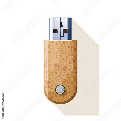 Usb flash drive with wooden texture and shadow on white background