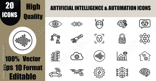 20 Artificial Intelligence and Automation Line Icon Set Vector: AI Machine Learning Symbols.