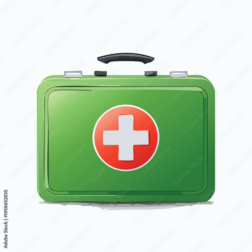 Fototapeta premium Green first aid kit illustration with red cross symbol isolated on white