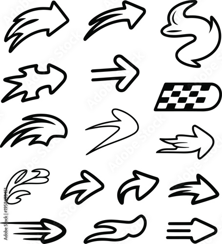 Set of Dynamic Racing Arrows and Directional Symbols, Flat Design Vector Illustration