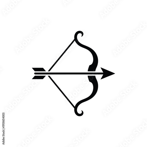 A black and white illustration of a bow and arrow