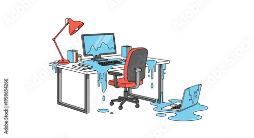 Office Disaster Water Damage Ruining Computer and Desk Setup Illustration of Flood Impacting Workplace Productivity and Causing Equipment Damage