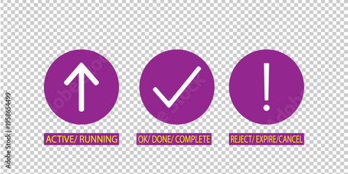 Set of UI UX vector status icons for web, app design. Features active arrow, complete checkmark, error exclamation mark, providing clear visual process and notification feedback.