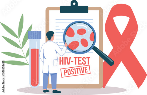 HIV test positive result concept with doctor, blood sample and awareness ribbon, medical diagnosis flat vector illustration design