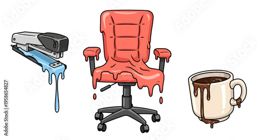 Whimsical Office Meltdown Stapler Chair and Coffee Cup Dripping with Playful Cartoonish Slime for a Unique Creative Visual