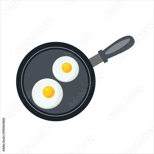 Fried eggs in a frying pan top view isolated on white background
