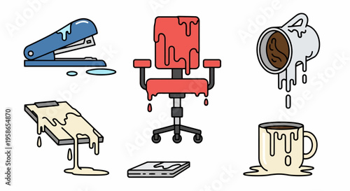 Office Equipment Meltdown Concept Humorously Depicting Stationery Items Dissolving in a Surreal and Abstract Style Perfect for Creative Projects