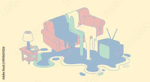 Conceptual Artwork Featuring Melting Couch Television Table and Lamp in Pastel Colors a Quirky Interior Design and Creative Illustration
