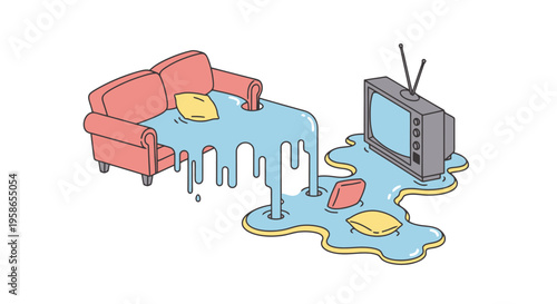 Surreal Living Room Disaster Illustration with Flooding Water from Couch and Television Cartoon Style for Editorial and Commercial Use