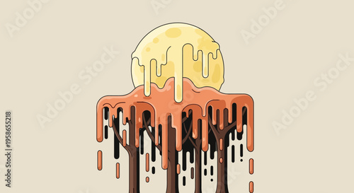 Abstract Landscape Featuring Trees Drizzled with Melting Caramel and Topped with a Lemon Yellow Circle Against a Neutral Background