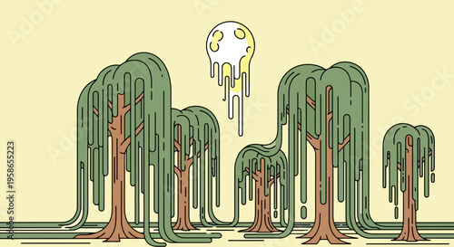 Stylized Weeping Willow Trees with Dripping Moon in a Flat Design Aesthetic Landscape Scene Art Composition for Commercial Use and Creative Projects