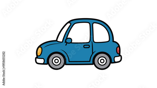 PCute blue cartoon car illustration, simple vehicle design, minimal flat vector transport icon isolated on white background