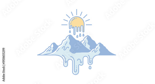 Melting Ice Cap Illustration Climate Change Concept with a Dripping Sun and Mountain Landscape Indicating Environmental Issues and Global Warming