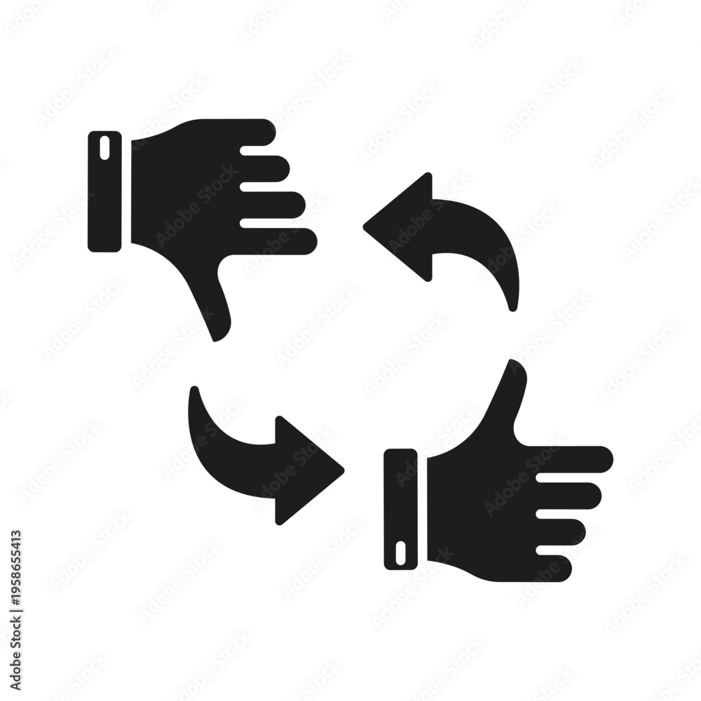 Obraz premium Thumbs Up And Down With Arrows Solid Icon. Feedback, Opinion Exchange, And Decision-Making Silhouette Symbol. Communication And Evaluation Process. Isolated Vector Illustration