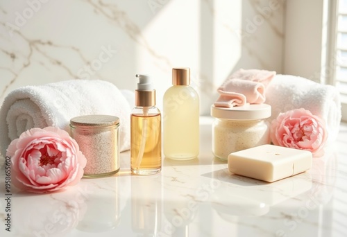 Variety of Beauty Products Arranged on a Marble Countertop With Towels and Flowers Present