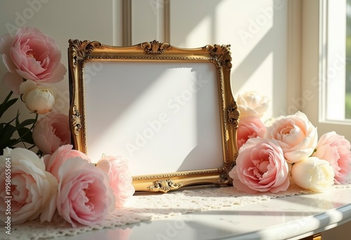 Elegant Picture Frame With Pink Roses on a Windowsill in Sunlight