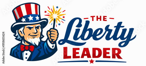 USA, The Liberty Leader Patriotic Illustration Featuring Historic American Figure Holding Sparkler With Flag Colors In Bold Vintage Vector Design Symbolizing Freedom And Independence