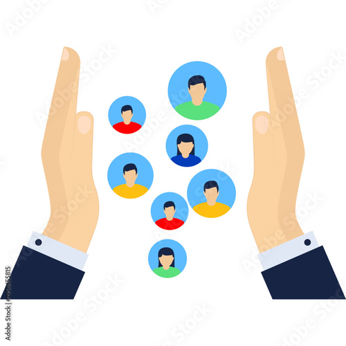 Customer retention, membership system or marketing strategy with a subscription concept, maintain customer loyalty, big businessman hand keep several consumers comfortable and become regular customers