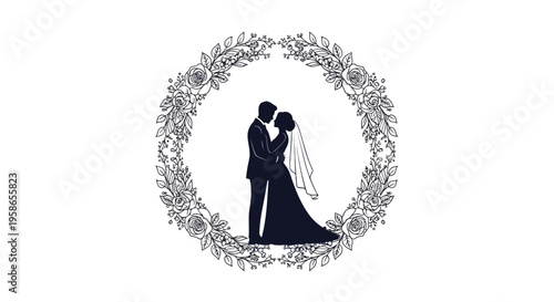 Romantic couple embracing within a floral wreath a striking silhouette