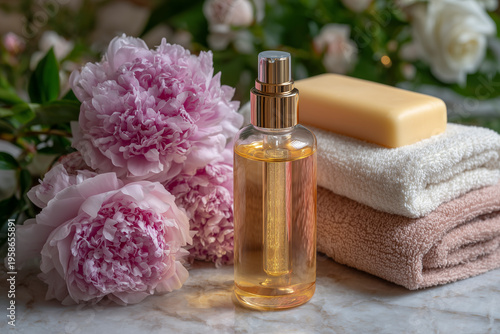 Relaxing Spa Setup With Flowers, Soap, and Oil on a Marble Surface