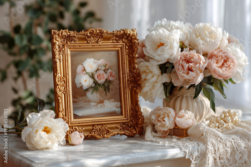 Captured Moment of Flowers and a Framed Artwork on a Table in Bright Light During Daytime