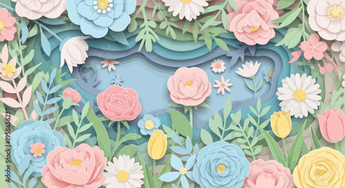 Floral Paper Cut Artwork with Pastel Colors and a Center Recessed Design Emulating Water Evoking Springtime and a Three Dimensional Texture and Design