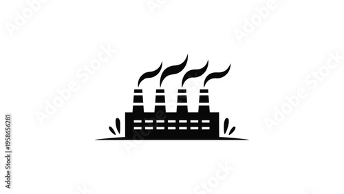 Industrial factory building with smokestacks emitting smoke, manufacturing plant silhouette, minimal black vector illustration isolated